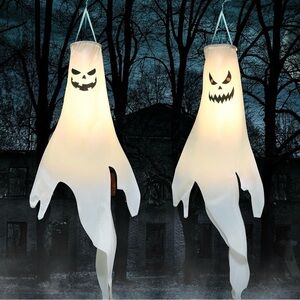 LED Halloween Ghost Windsocks Outdoor Decor 2pc Light Up Hanging Yard Decoration